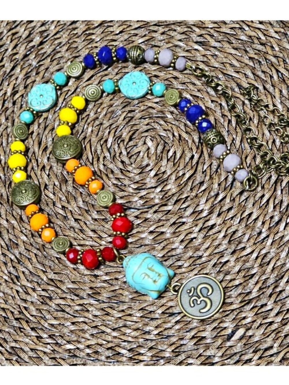 Artisan Necklace Buddha Om Aum Symbol Chakras Rainbow Colors Antique Gold Beads
